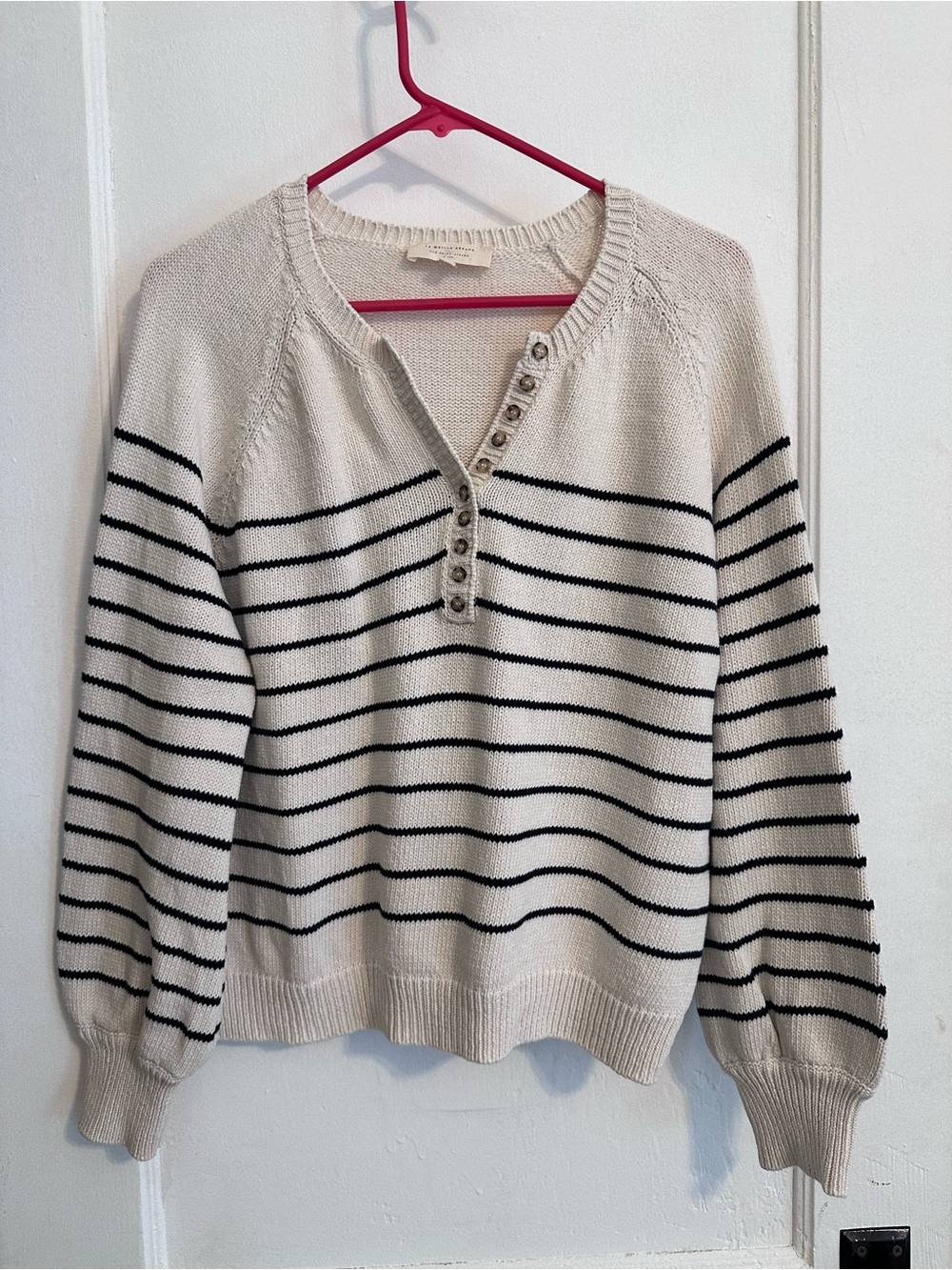 Sezane Cream Sweater with Black Stripes and Henley Buttons